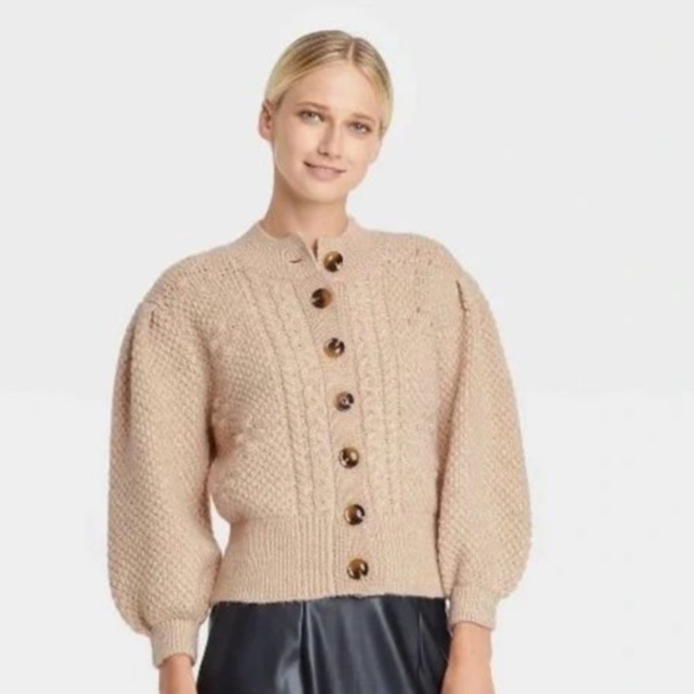 Who What Wear NWT Oatmeal Tan Puff Sleeve Cardigan Medium